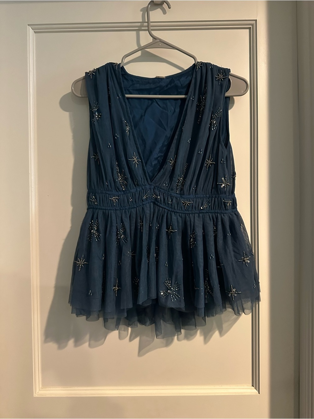 NWT Anthropologie Embellished Navy Blue Tulle Peplum Top